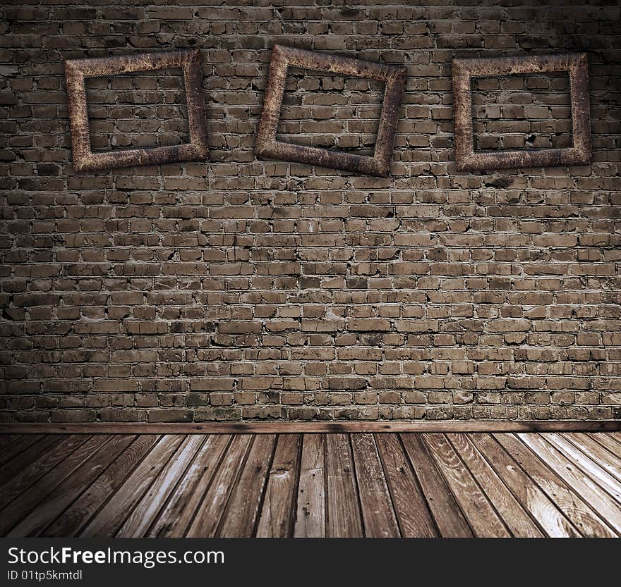 Old grunge interior with blank photo frames against wall. Old grunge interior with blank photo frames against wall