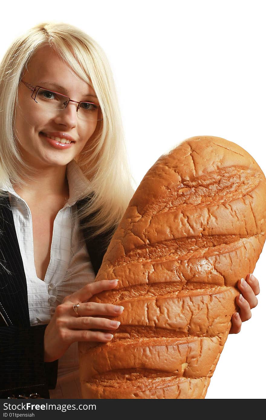 A young attractive business woman with big bread, isolated on white background