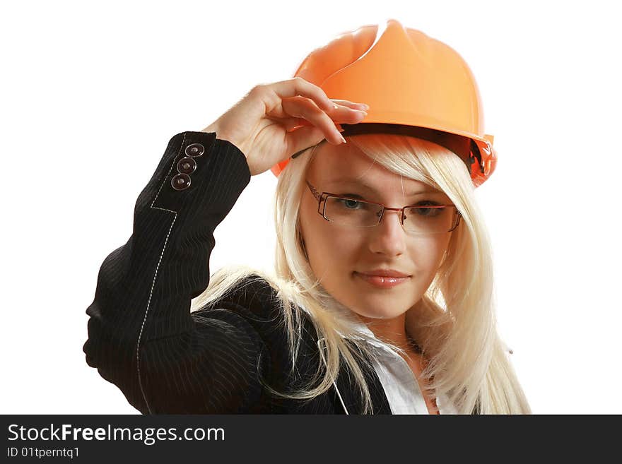 Attractive female architect in hardhat, isolated on white background