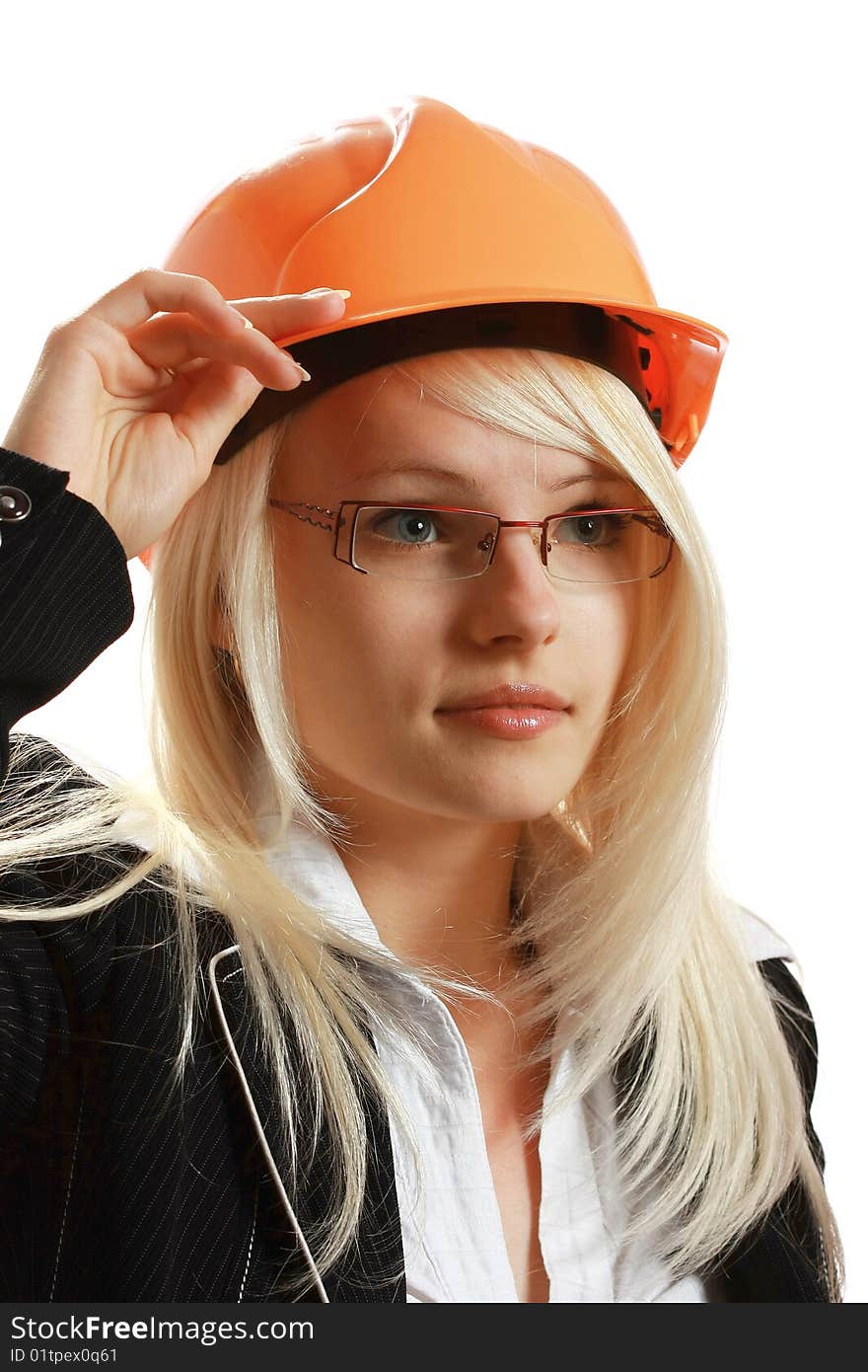 Attractive female architect in hardhat, isolated on white background