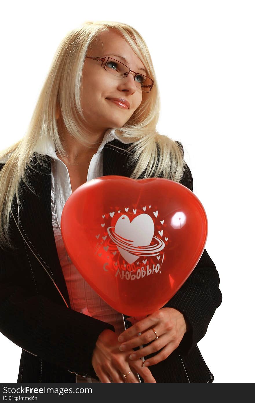 A young attractive woman with red balloon, isolated on white background