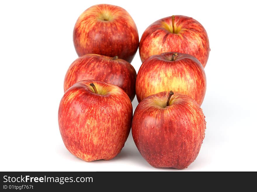 Apples, green and red, are photographed on a white background