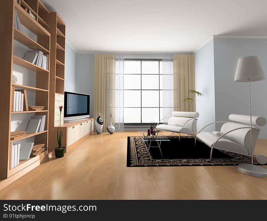 Room with television set, shelving and easy chair. Room with television set, shelving and easy chair