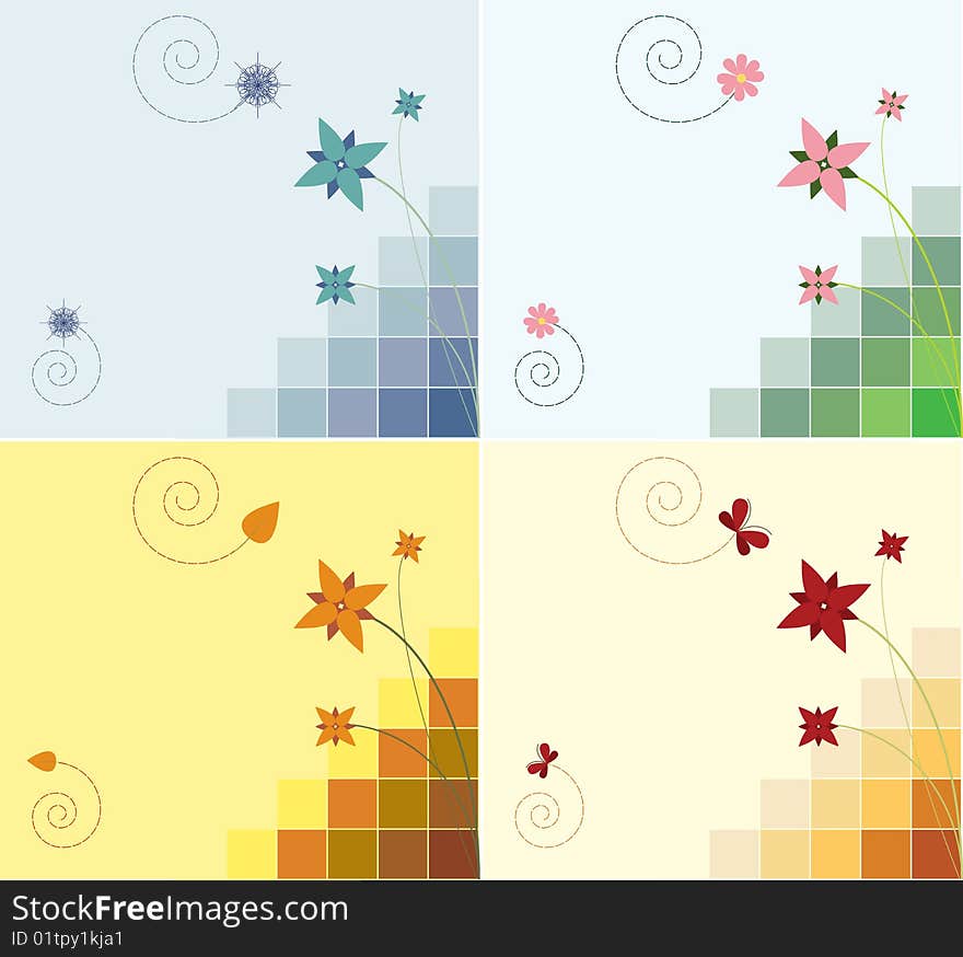 Four backgrounds with elements and colours of four seasons. Four backgrounds with elements and colours of four seasons.