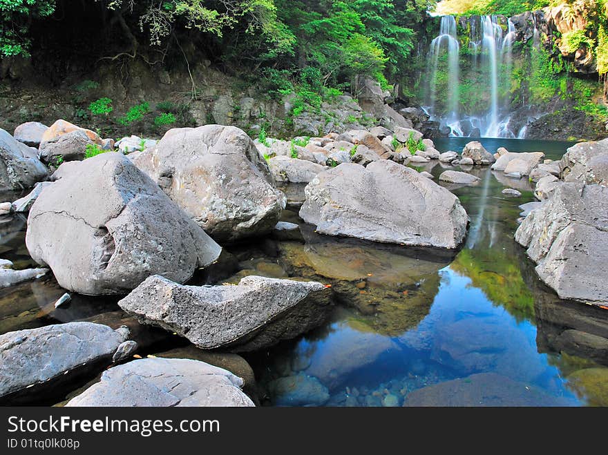 Low shot of majestic waterfall