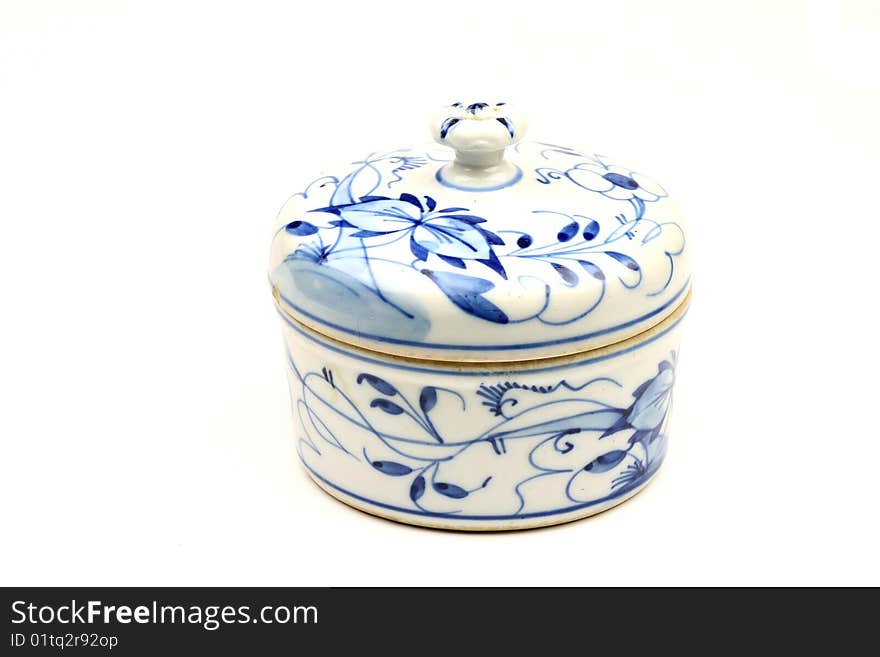 White and blue ceramic pot