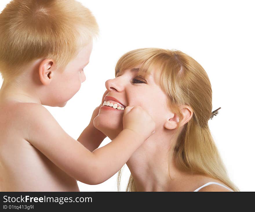 Young mum with the small son on a white background. Young mum with the small son on a white background