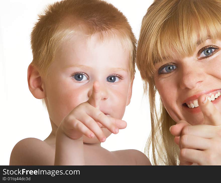 Young mum with the small son on a white background. Young mum with the small son on a white background