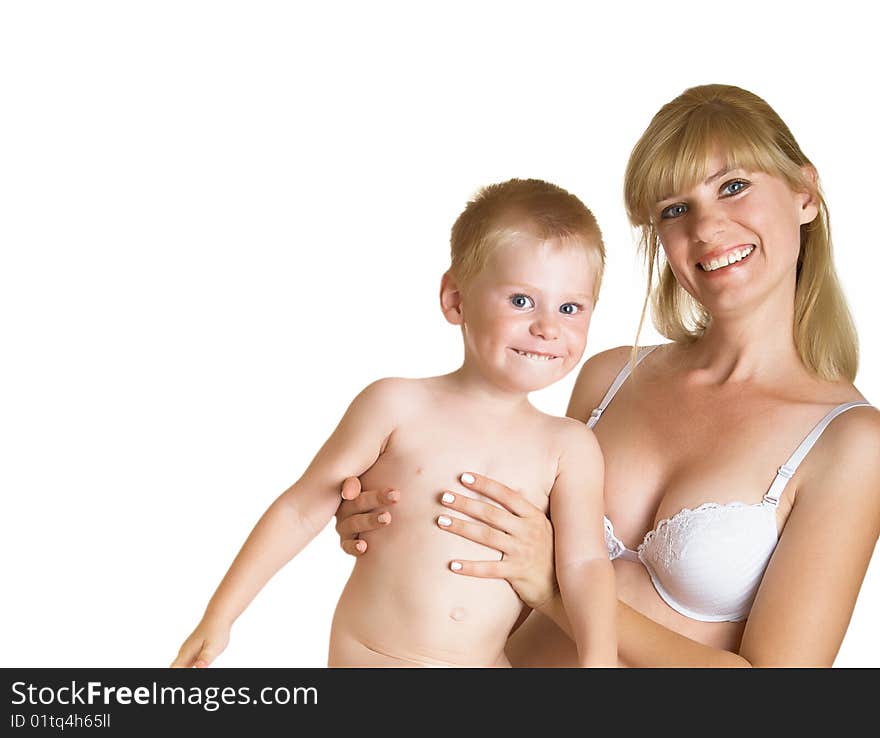 Young mum with the small son on a white background. Young mum with the small son on a white background