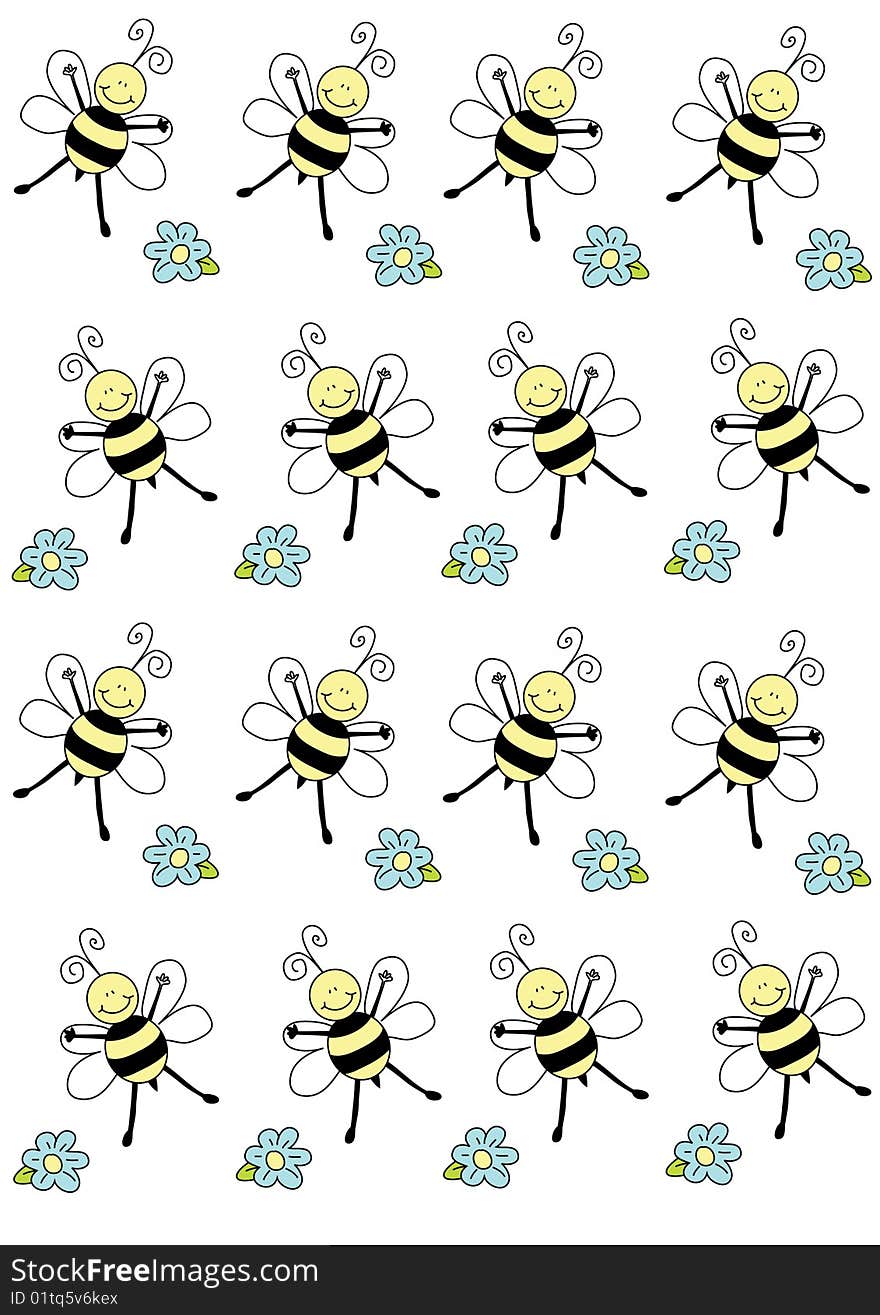 Nice bees and flowers isolated on white, , illustration, ornament