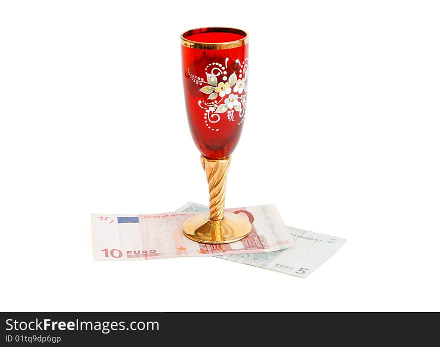 Beautiful Wine Glass On Euro Bills Isolated