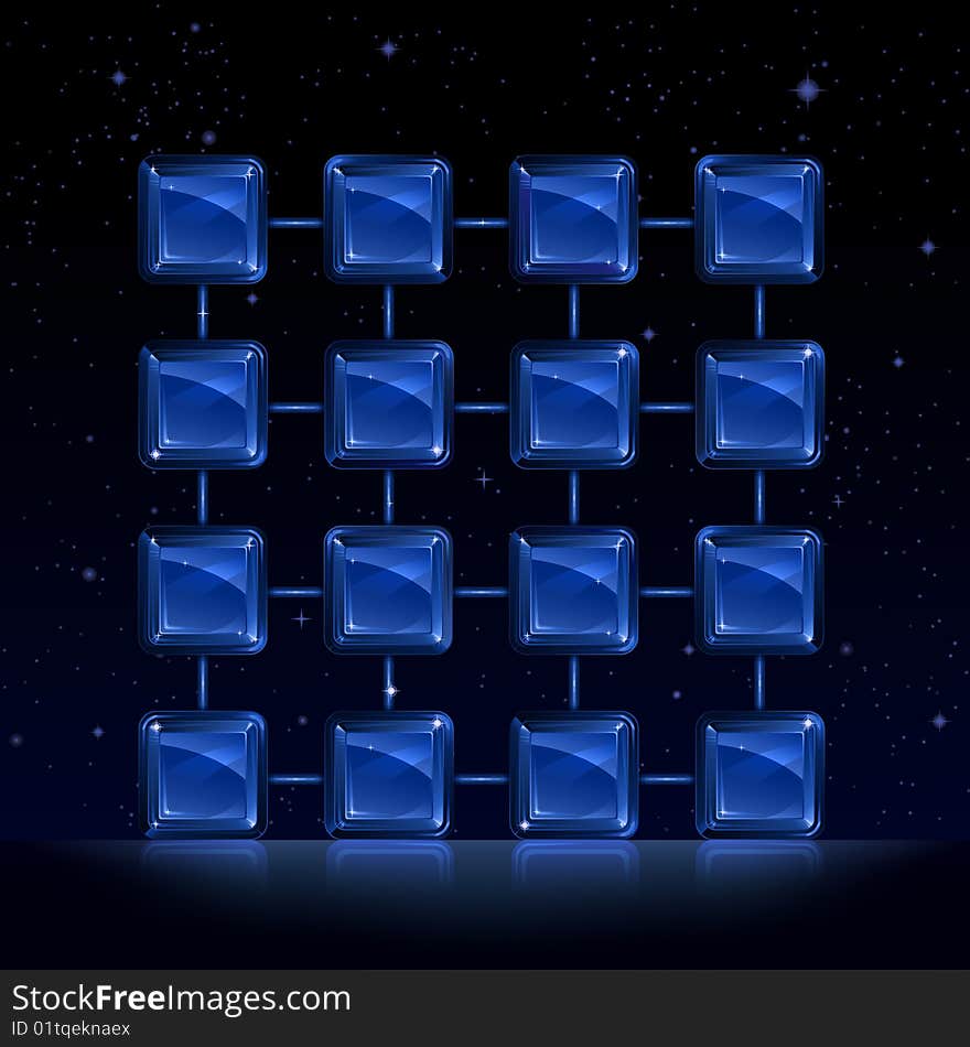 Group of blue square glass blocks - abstract crystal lattice over space. Group of blue square glass blocks - abstract crystal lattice over space