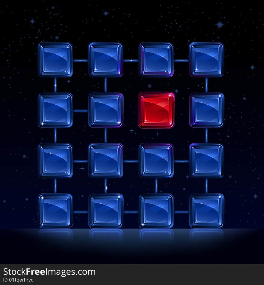 Group of blue square glass blocks with one glowing red and standing out of the row. Group of blue square glass blocks with one glowing red and standing out of the row