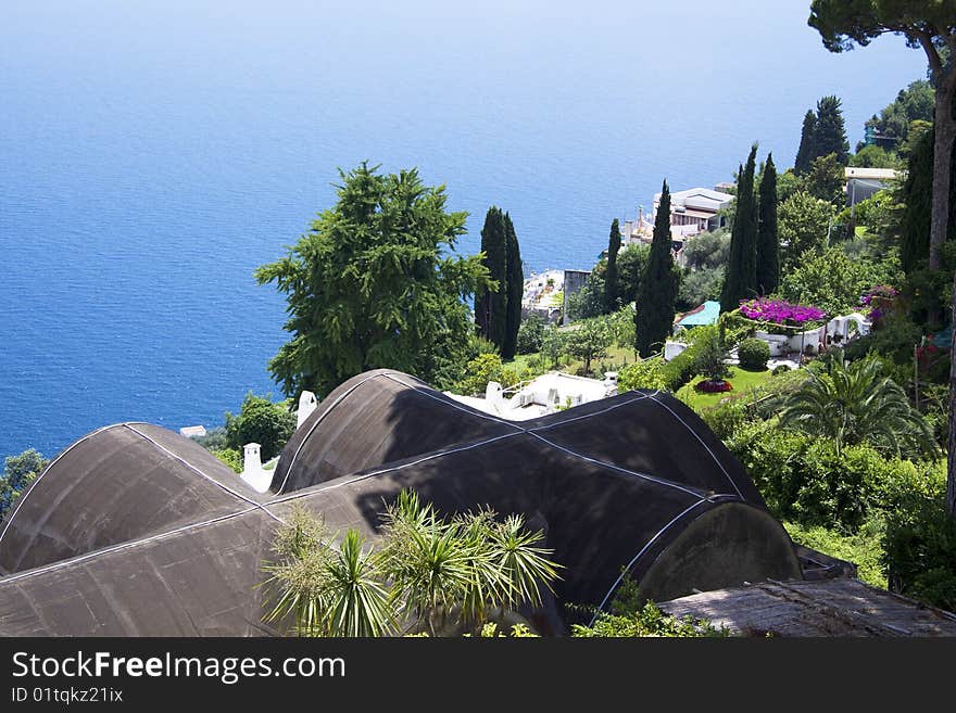 View from the famous Ravello gardens over the Amalfi coast in Italy