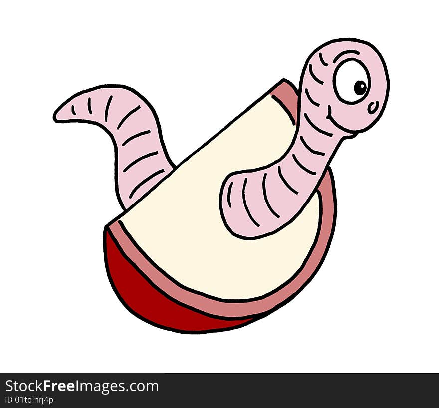 Colour line cartoon drawing of a worm in a slice of apple. Colour line cartoon drawing of a worm in a slice of apple