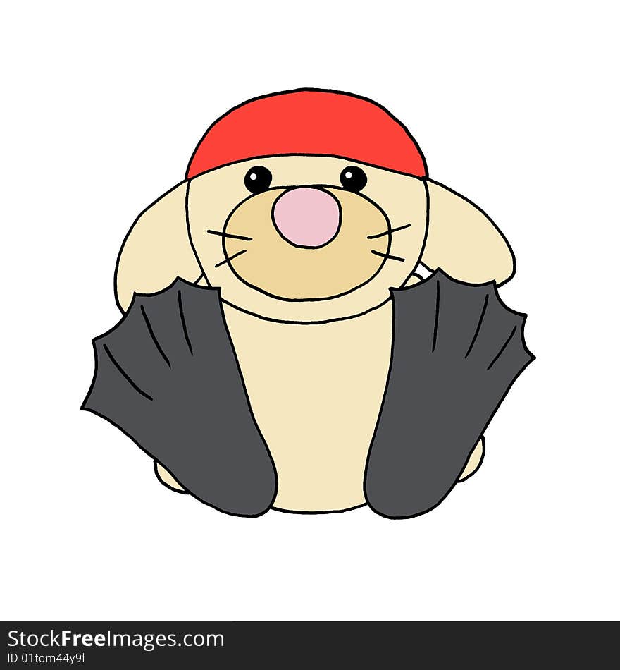 Colour line cartoon drawing of a rabbit wearing a swimming cap and flippers. Colour line cartoon drawing of a rabbit wearing a swimming cap and flippers