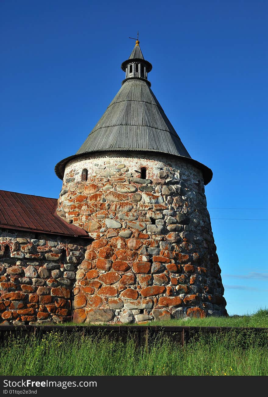 Old medieval fortress tower in traditional russian style. Solovetsky island, White Sea, Russia North