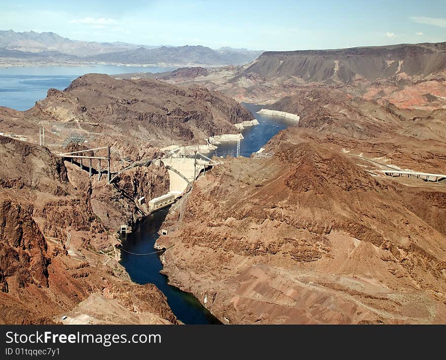 Aerial shot of the Hoover Dam. Glen Canyon Dam on the Colorado River and Lake Powell. Nevada, USA. Famous landmark.