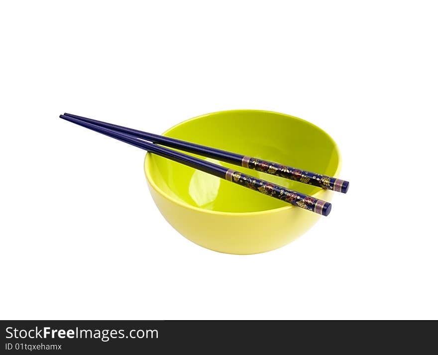 Bowl for rice and chopsticks on white background