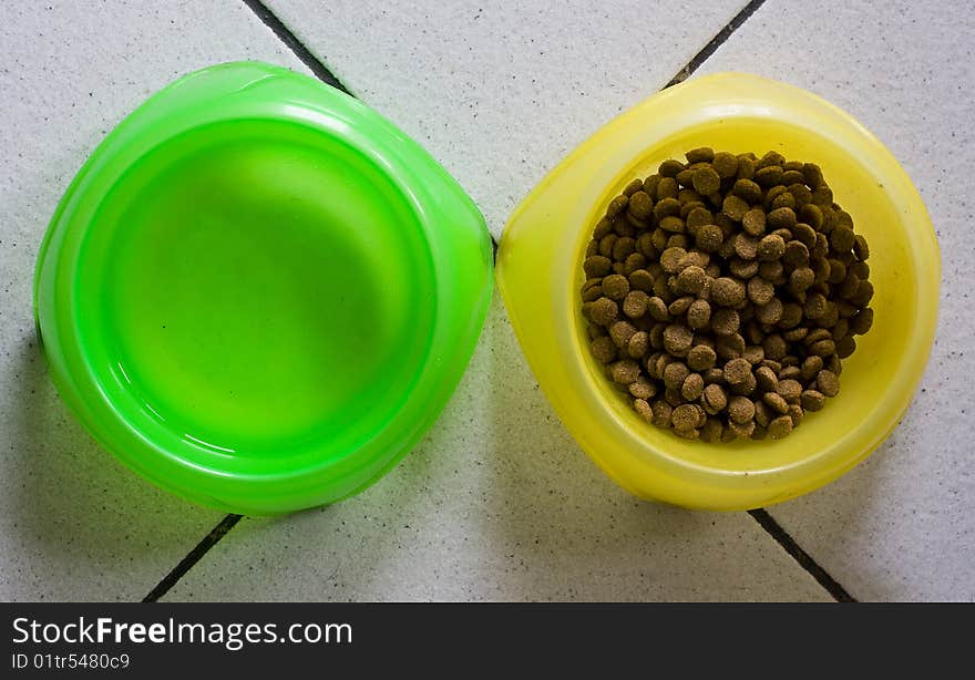 Colorful bowls for the dog on white floor