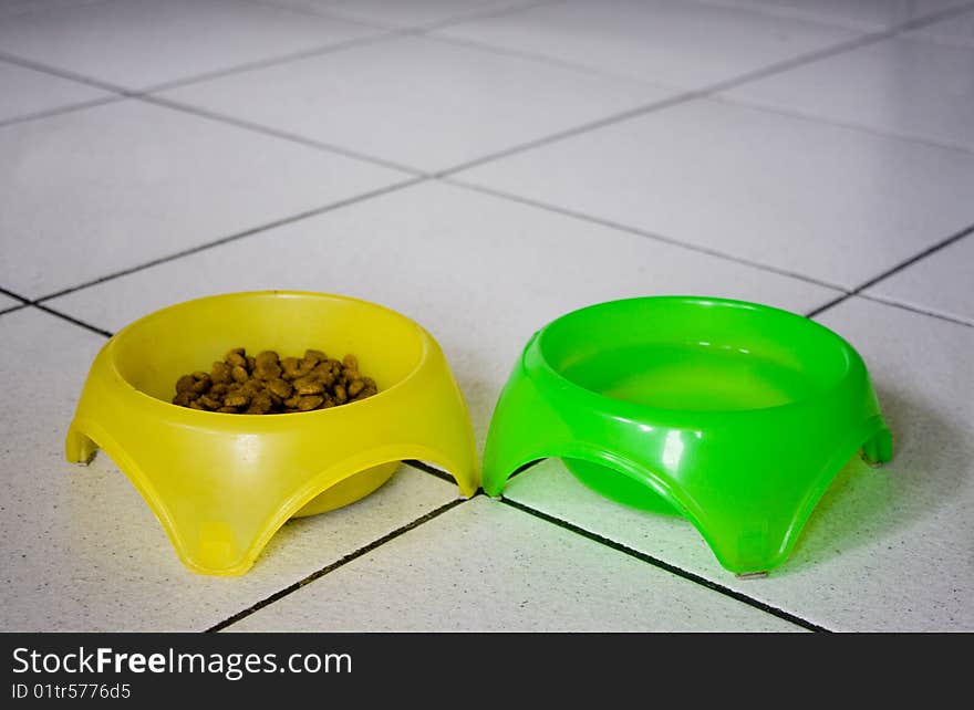 Colorful bowls for the dog on white floor