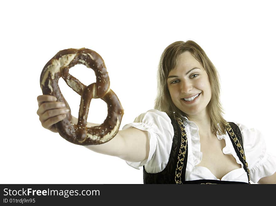 Bavarian Girl Holds Oktoberfest Pretzel