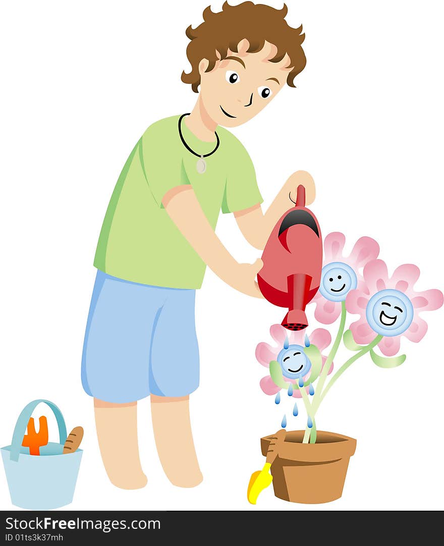 Boy Watering Flowers