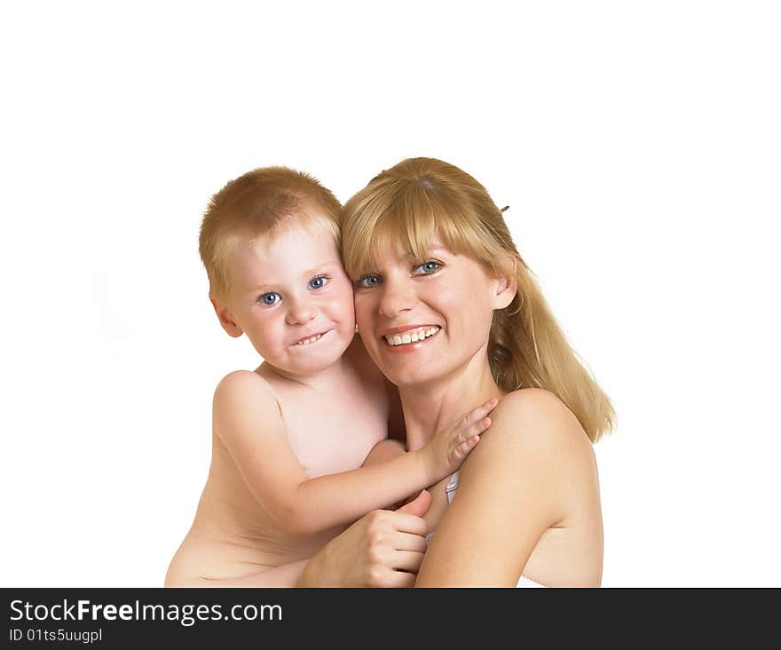 Young mum with the small son on a white background. Young mum with the small son on a white background