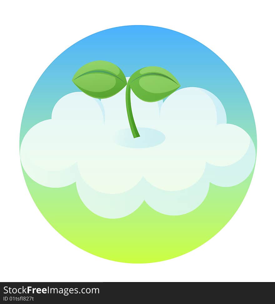 A green  seedling with white cloud in blue sky. A green  seedling with white cloud in blue sky