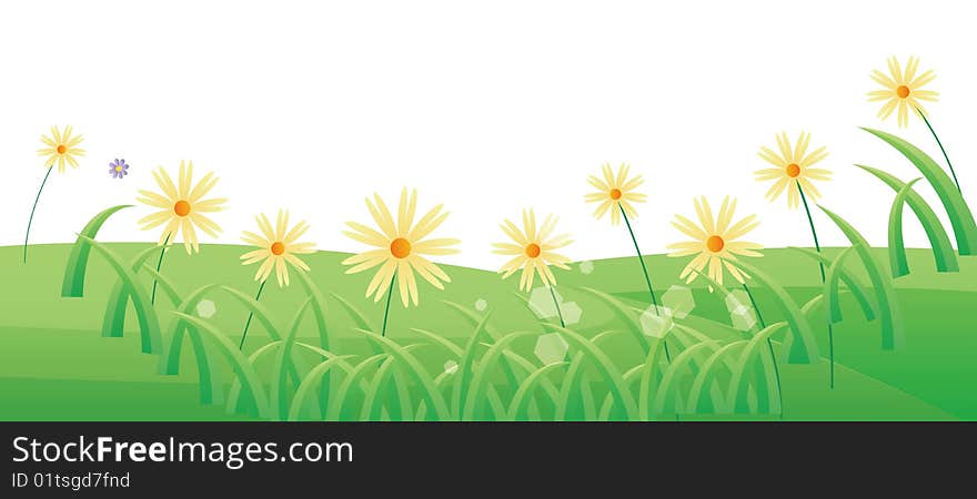 Green lawn with yellow flower in a white background. Green lawn with yellow flower in a white background