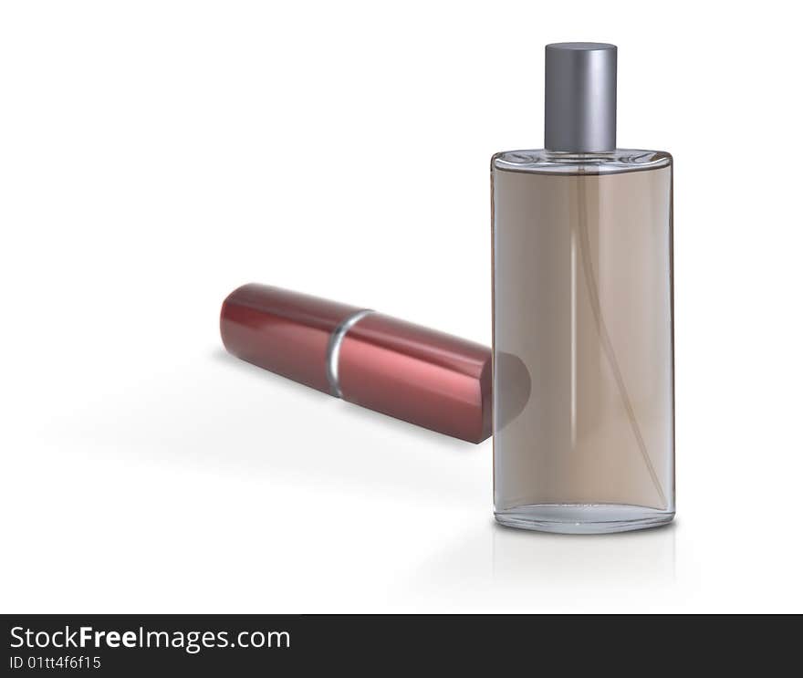 Isolated perfume flask with lipstick over white