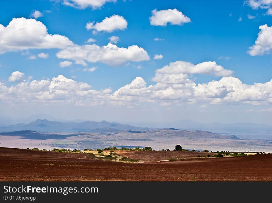 Landscape of farmland and hills