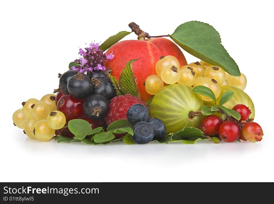 Variety of fresh colorful fruits.On white.