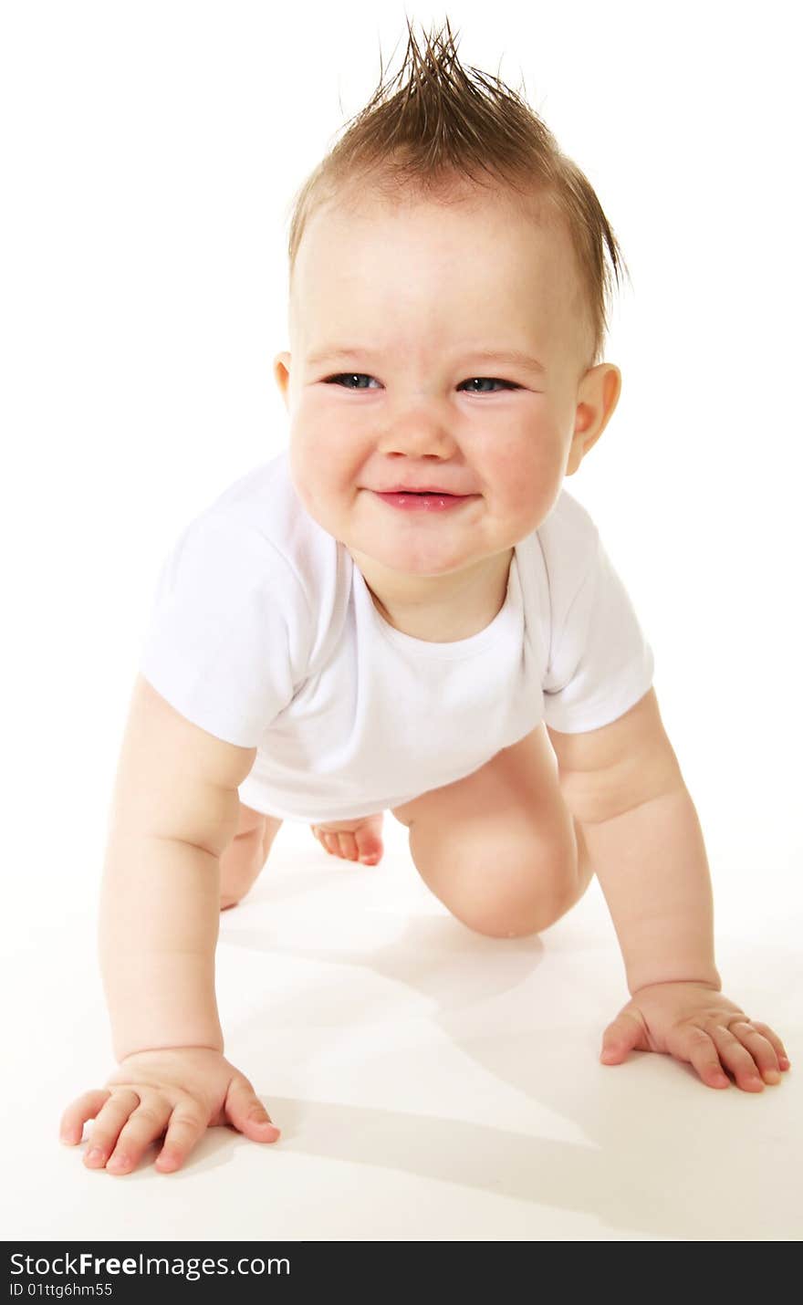 Laughing baby boy on white background