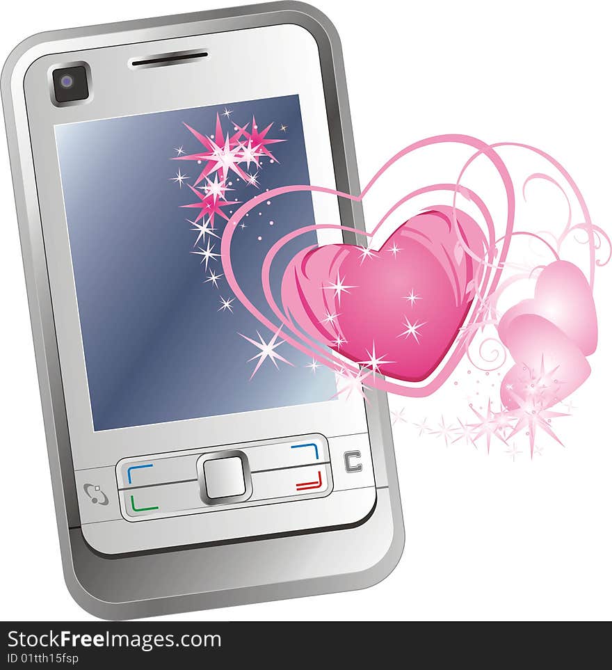 Mobile telephone and hearts. Romance composition. Vector illustration