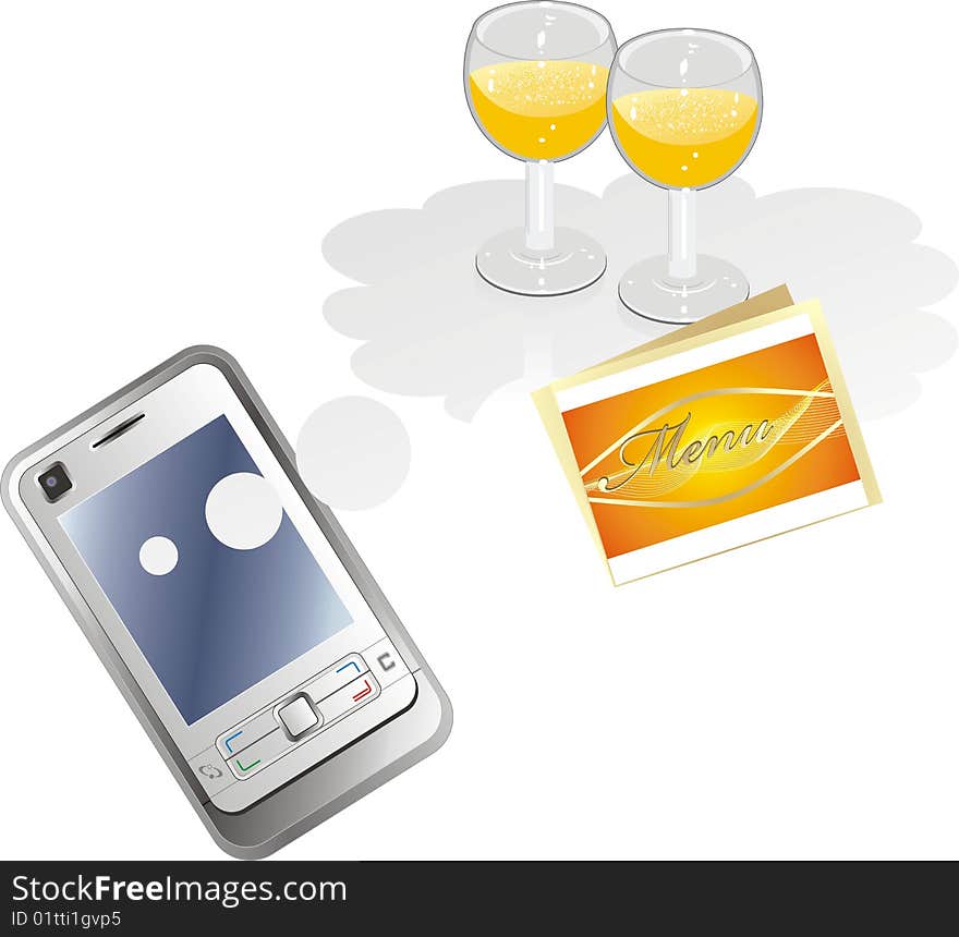 Mobile telephone and glasses with by champagne. Vector illustration