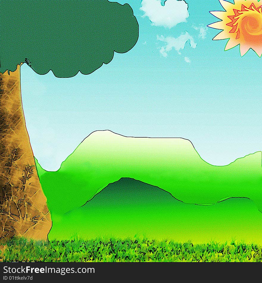 Background for the spring or summer, a landscape with hills, tree, sun and sky. An Earth Day concept. Halftone pattern added as a cartoon style element. Plenty of copy space. Background for the spring or summer, a landscape with hills, tree, sun and sky. An Earth Day concept. Halftone pattern added as a cartoon style element. Plenty of copy space.