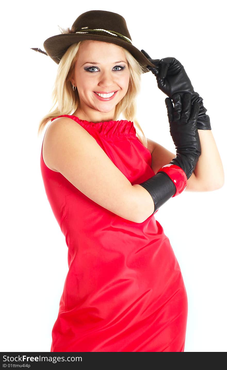 Elegance young woman in red gown in bonnet and gloves. Elegance young woman in red gown in bonnet and gloves