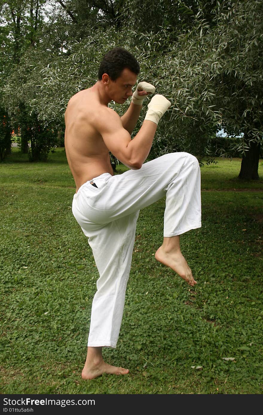 Fighting man practicing his skills outdoor in a park