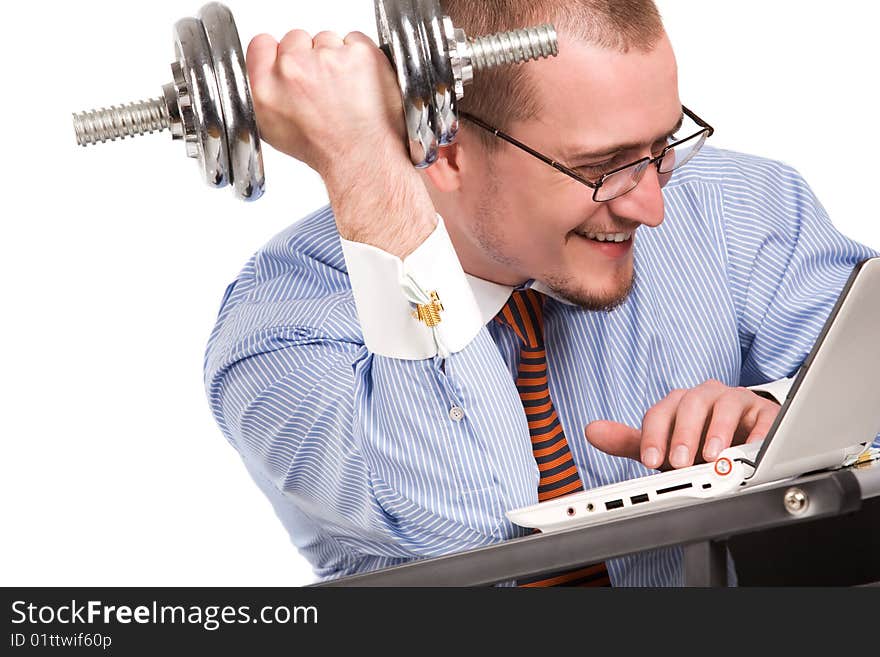 Businessman lifting dumbbell with laptop. Businessman lifting dumbbell with laptop