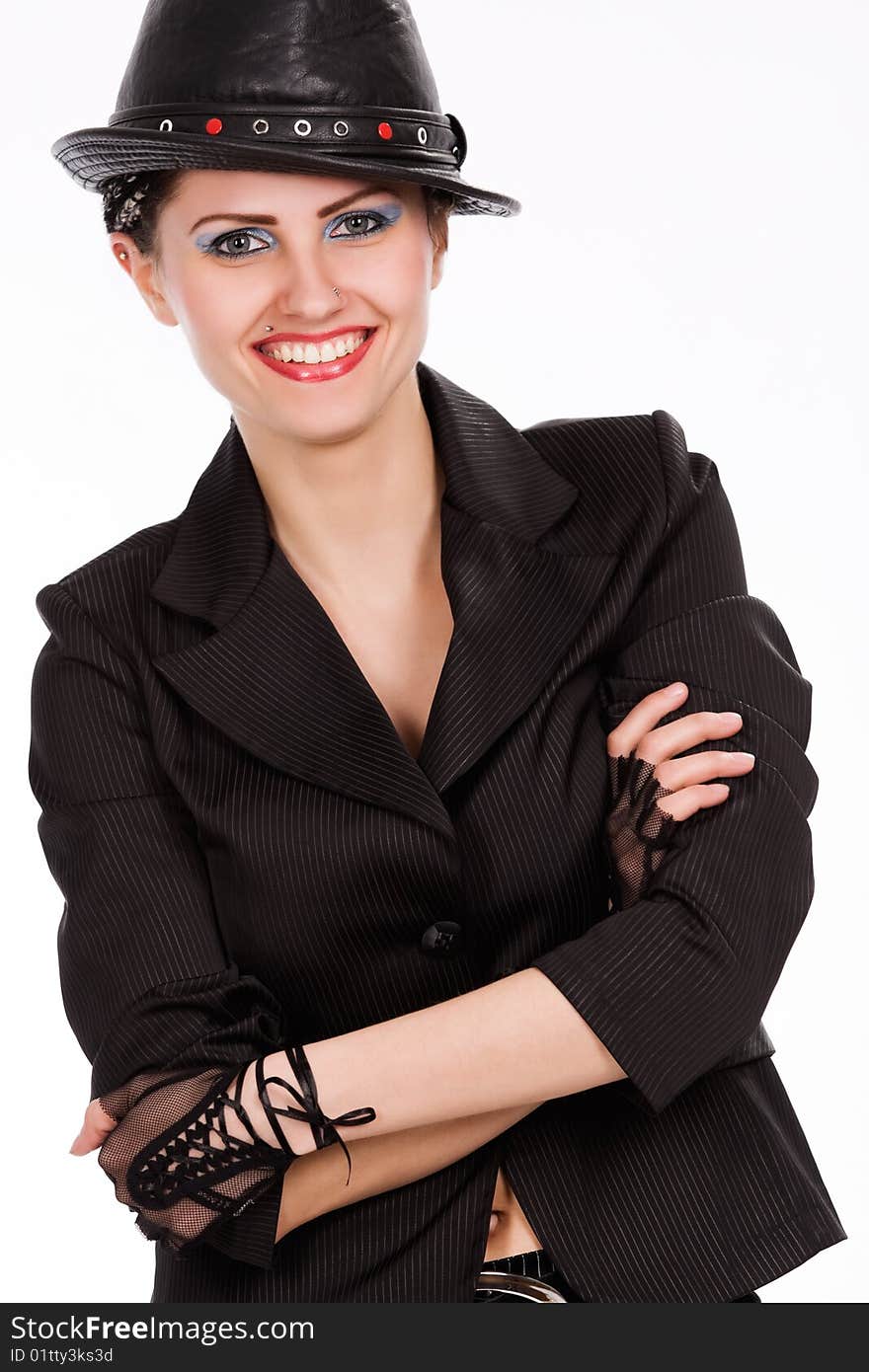 Young fashionable woman with black hat over white. Young fashionable woman with black hat over white