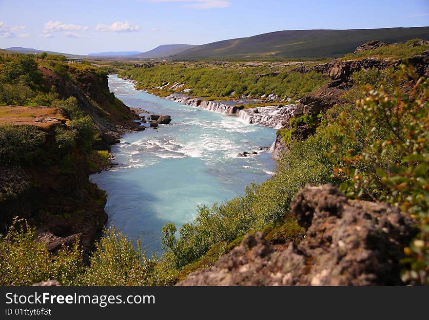 Icelandic spectacular lava field cascade waterfall. Icelandic spectacular lava field cascade waterfall