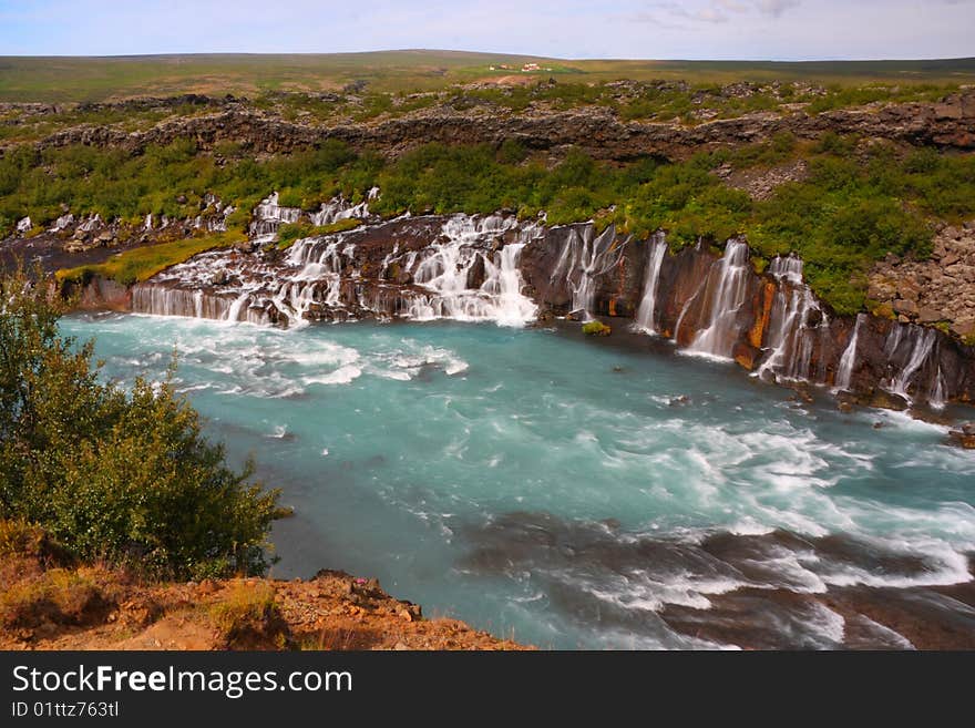 Icelandic spectacular lava field cascade waterfall. Icelandic spectacular lava field cascade waterfall