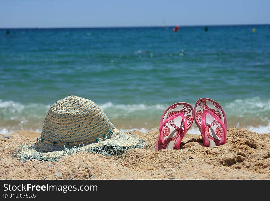 Beach accessories on the sand in Spain. Beach accessories on the sand in Spain