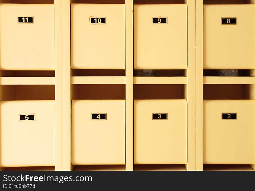 Rows of mailboxes with numbers