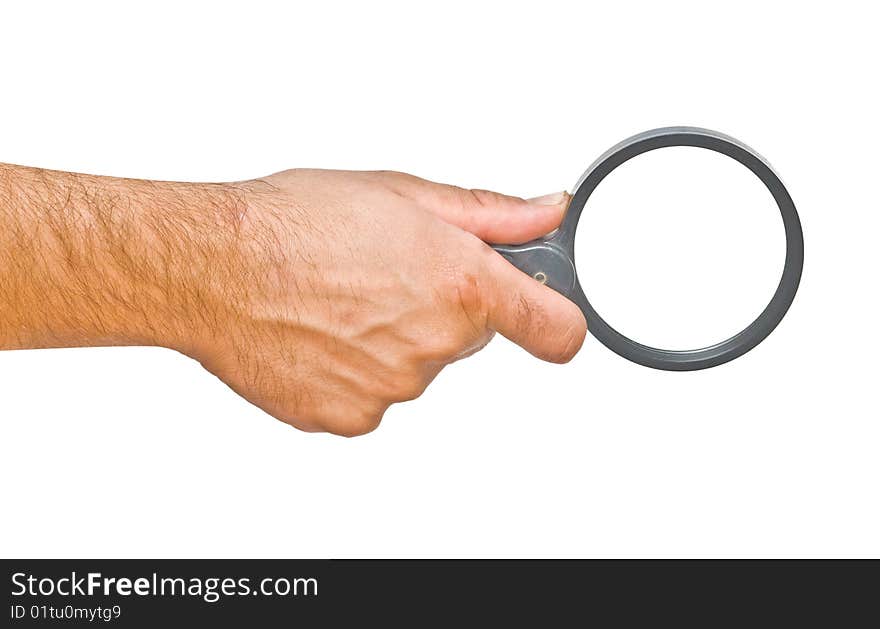 Hand with magnifier glass  isolated on white background