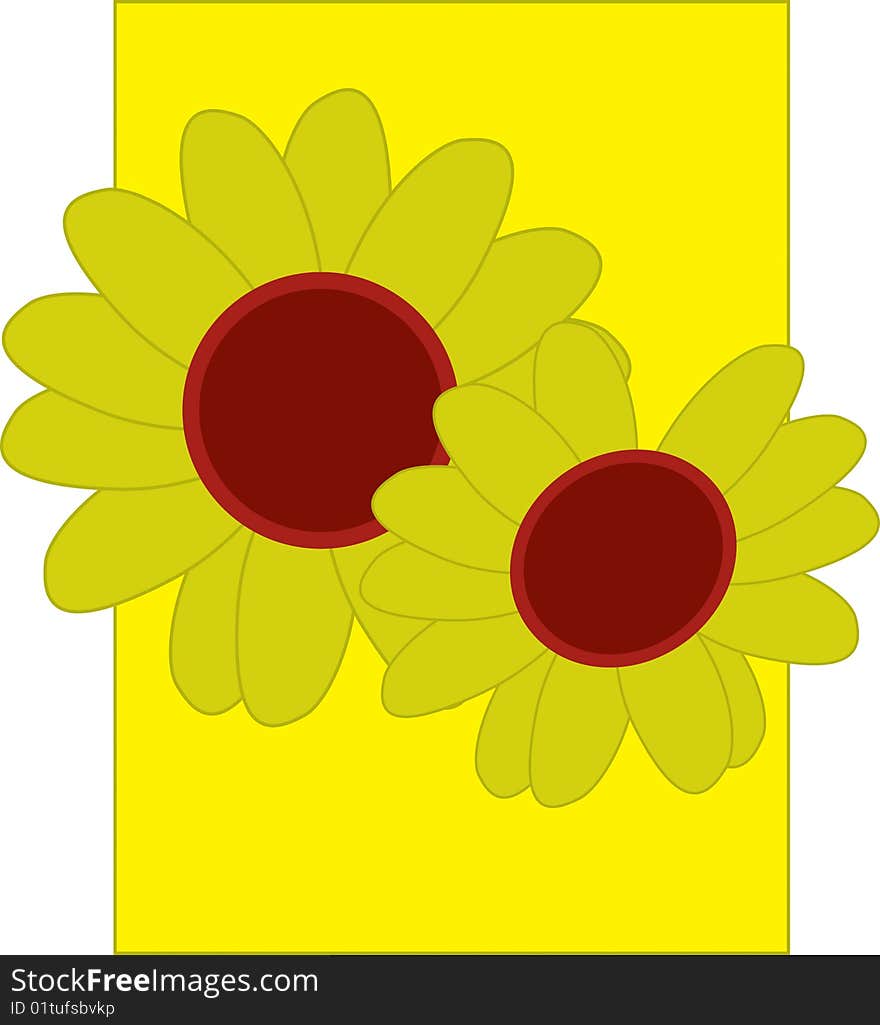 Two Sunflowers stylised on a yellow ground. Two Sunflowers stylised on a yellow ground.