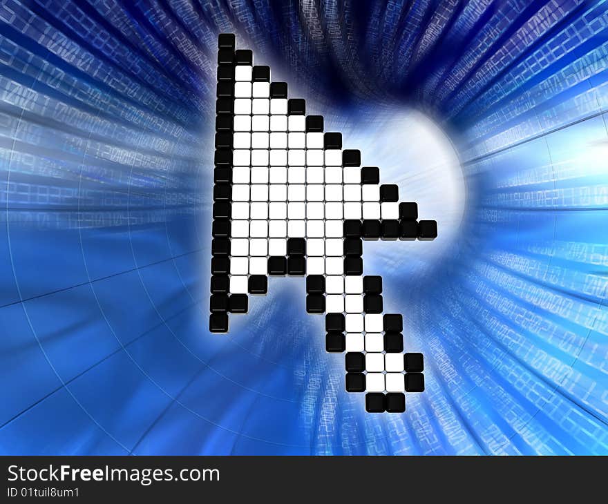 3d illustration of mouse cursor over abstract data tunnel, internet concept. 3d illustration of mouse cursor over abstract data tunnel, internet concept