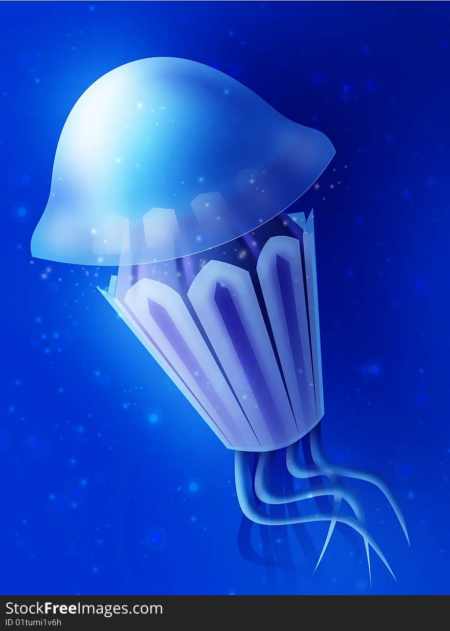 Jellyfish swims in the deep sea ocean around the bubbles. saturated blue. Jellyfish swims in the deep sea ocean around the bubbles. saturated blue.