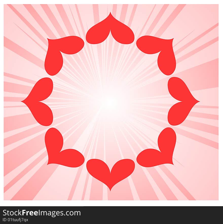 Circule of hearts on pink rays background illustration. Circule of hearts on pink rays background illustration